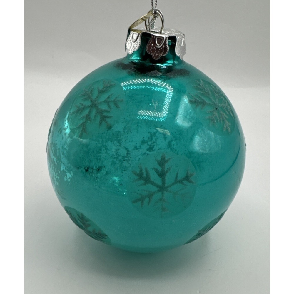 Seasons of Cannon Falls Glitter Teal Snowflake Ball Christmas Glass Ornament 5"